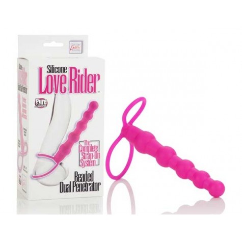 Розовая насадка для двойного проникновения Silicone Love Rider Beaded Dual Penetrator - 14,5 см.